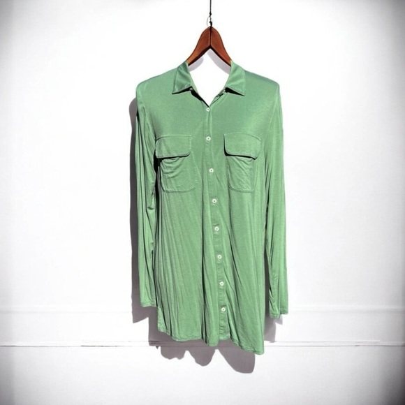 🌻Lands End Green Tunic Length Button Down Flap Pocket Long Sleeve Top Size XL - Picture 1 of 6
